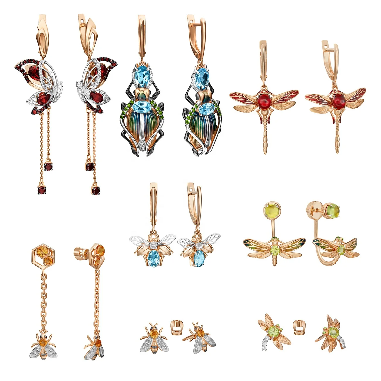 Animalistic Earrings 14K Solid Rose Yellow White Gold Topaz Chrysolite Citrine White Topaz Garnet ChromDiopside Enamel OEM ODM