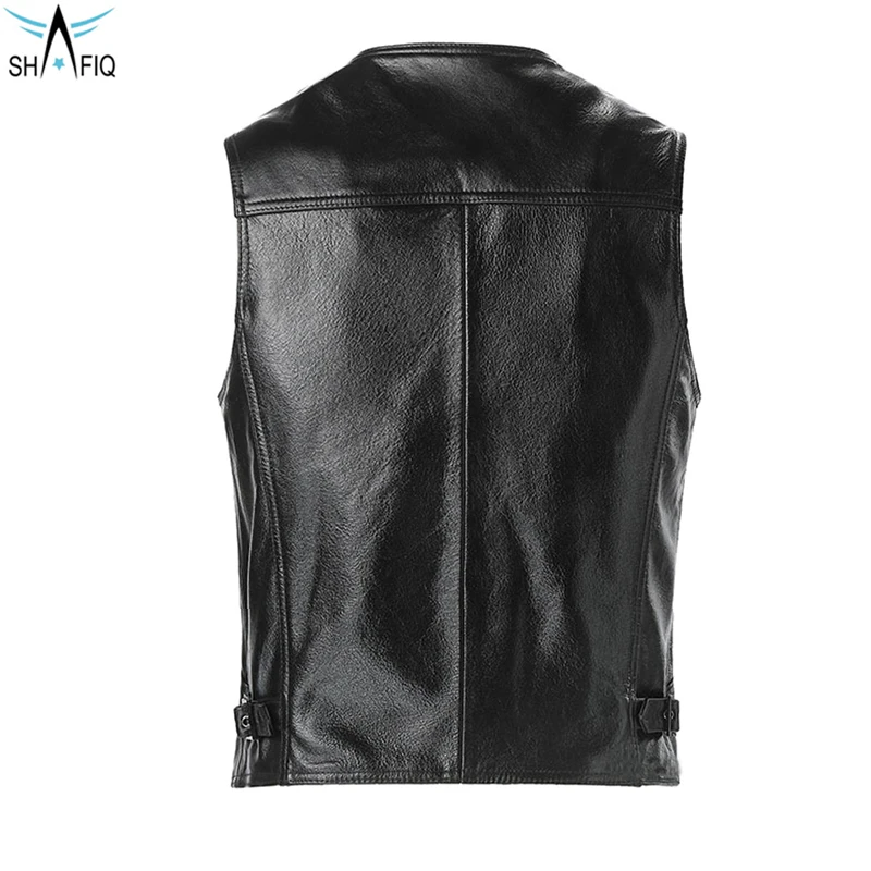 Однотонный черный цвет с боковыми карманами на молнии и V-образным вырезом удобная мужская одежда кожаный жилет от Shafiq Sports