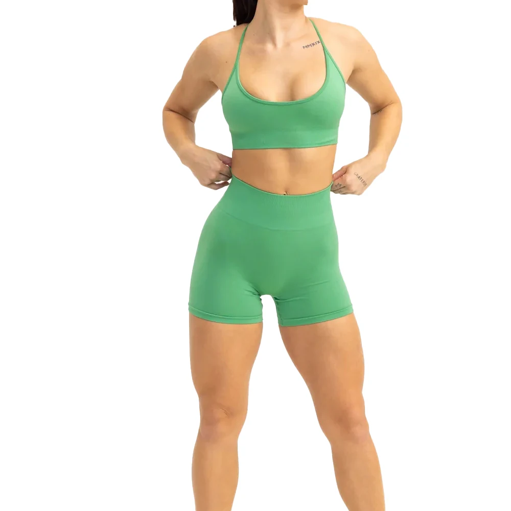 New Custom Athletic Sport Gym Running Deep U Racerback Oversized Tank Top Bra High Waisted Yoga Biker Shorts Women Matching Set