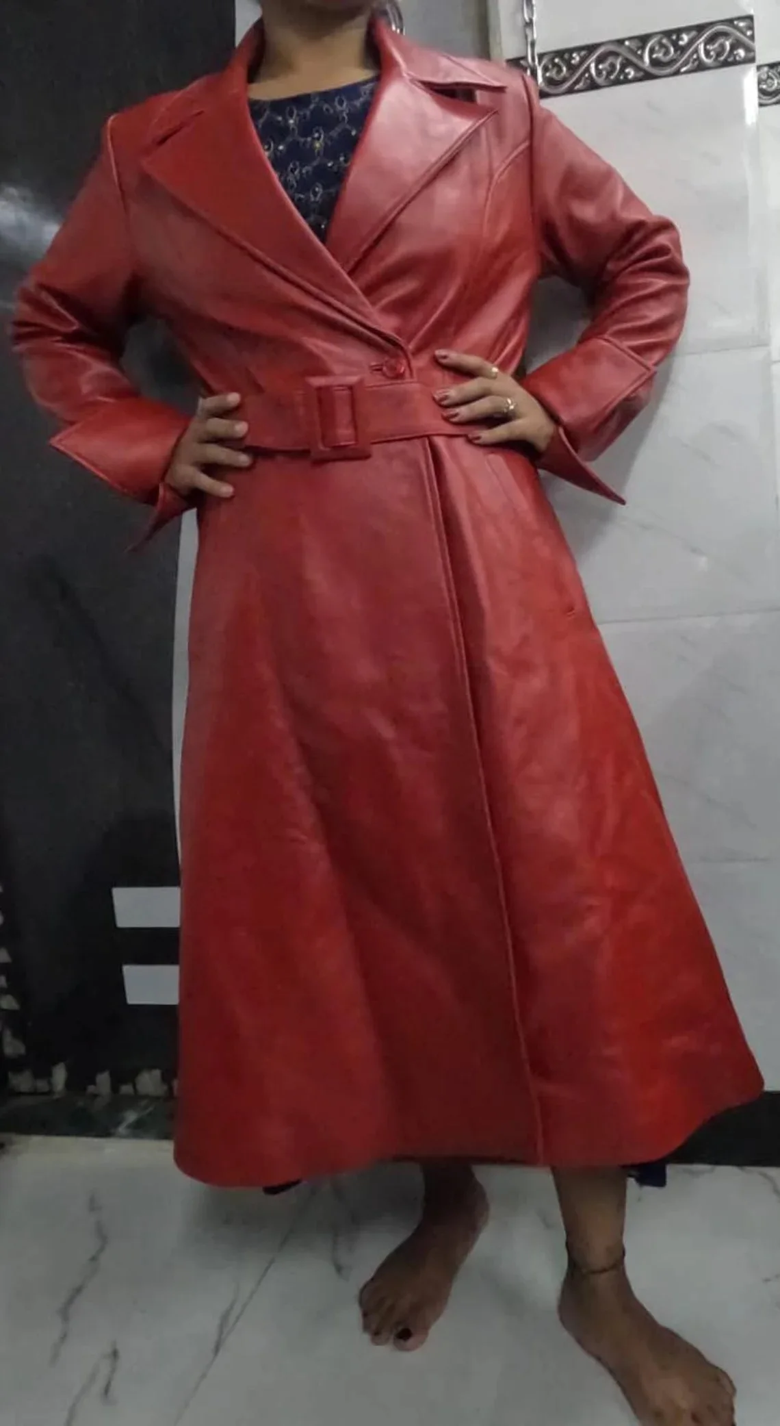 women red leather trench coat one button closure long coat single breasted leather coat stylish celebrity long overcoat