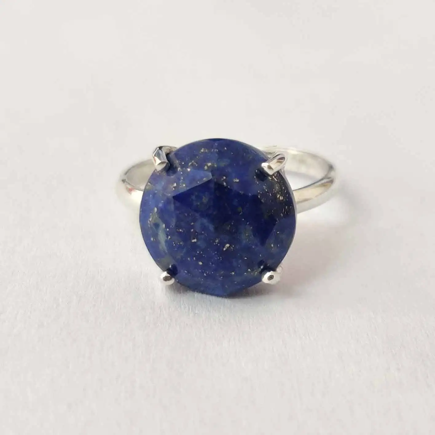 925 Sterling Silver Lapis Lazuli 12mm Round Gemstone Prong Ring 2.94 gms Size US 7 for girls and women Blue lapis claw set ring