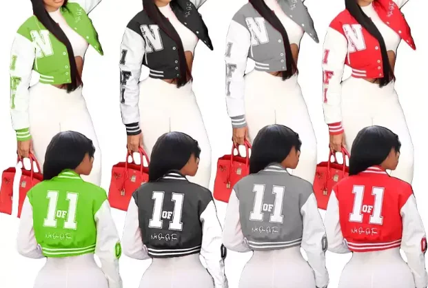 Custom Crop Letterman Varsity College Jackets in Colors for Women Ladies with Custom Chenille Embroidery Patches at Wholesale