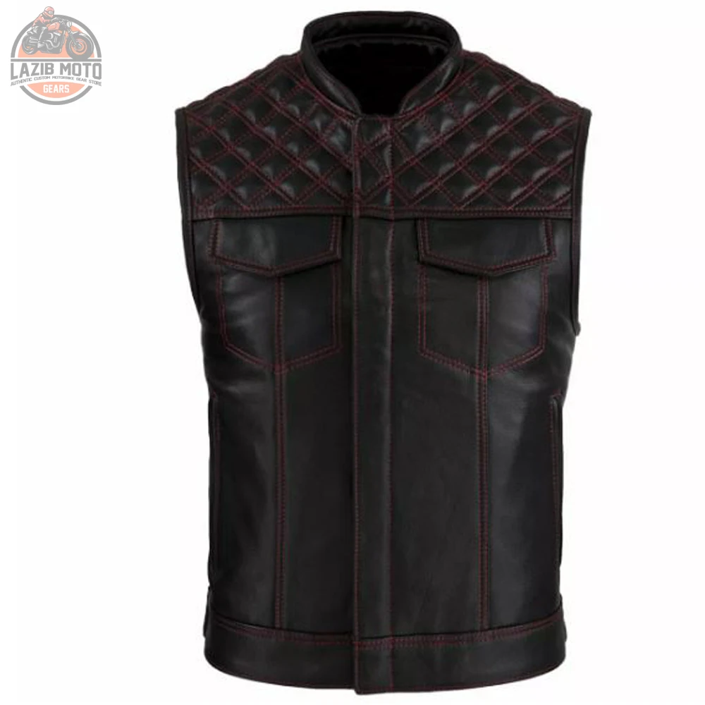 Genuine Real Leather Cowhide Street Bikers Waistcoat With Contrast Stitching Motorcycle Motorbike Auto Racing Riding Wear Vest