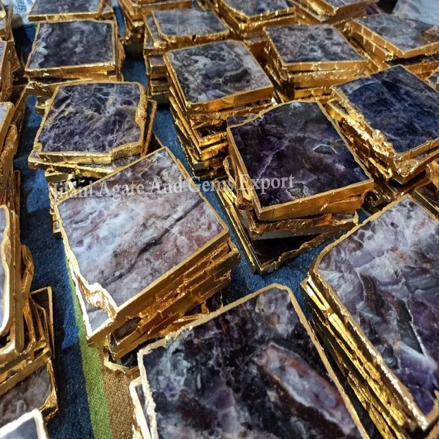 Wholesale High Quality Amethyst Agate Quartz Coasters with Golden Rim Polished Healing Table Cup for Home Decor