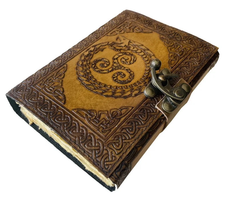 Dragon Embossed Leather Writing Notebook Hardcover Gift Journal Antique Journal Celtic Emboss Writing Green Spell Deckle Book