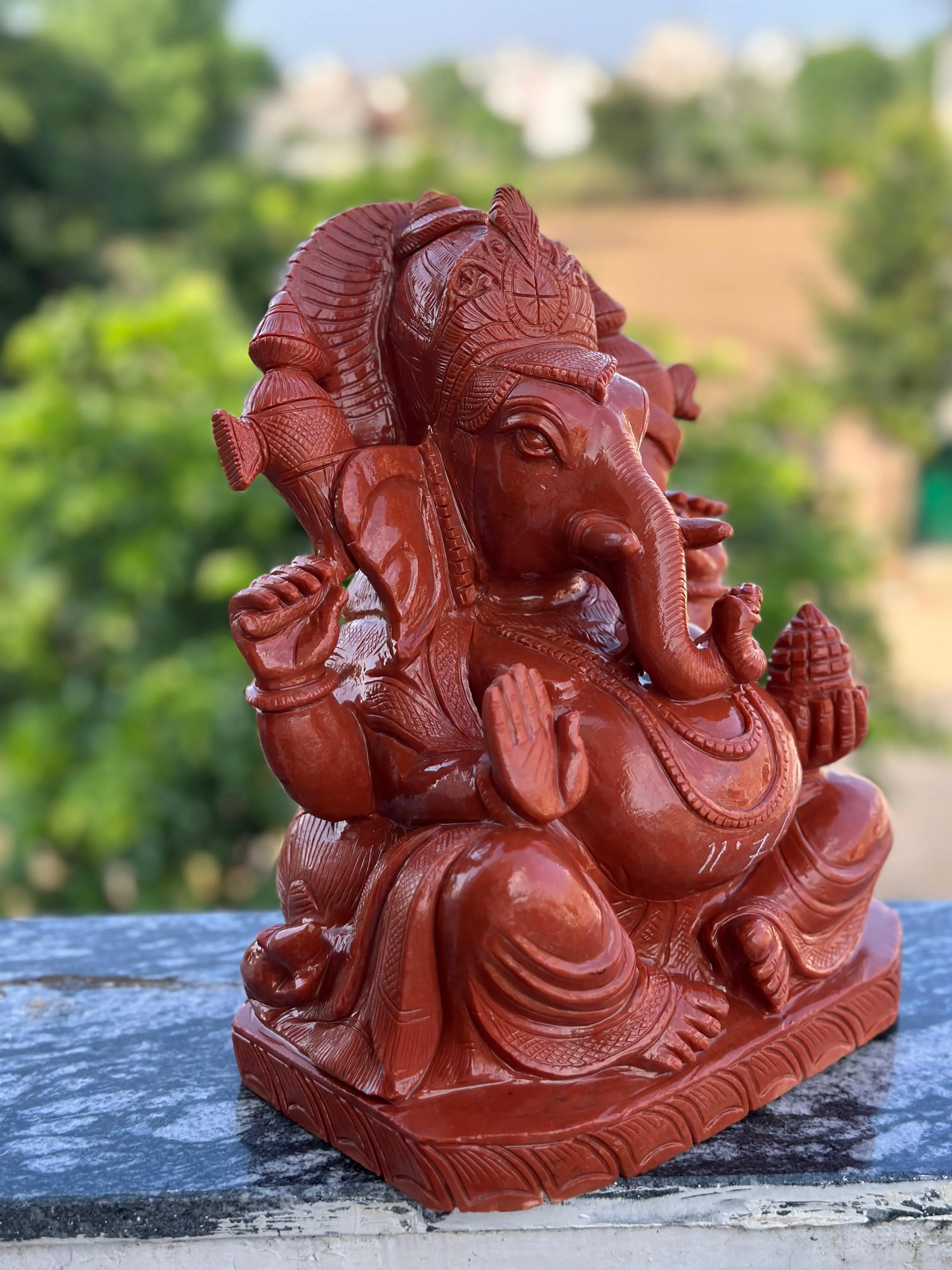 Handcrafted Red Aventurine Ganesha Carving Artistic Hindu Spiritual Healing Sculpture Natural Crystal Semi-Precious Jasper Stone