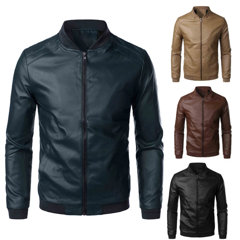 Men spring and autumn out wear PU leather jacket fashion motorcycle Korean slim-fit stand collar long sleeve zipper coat