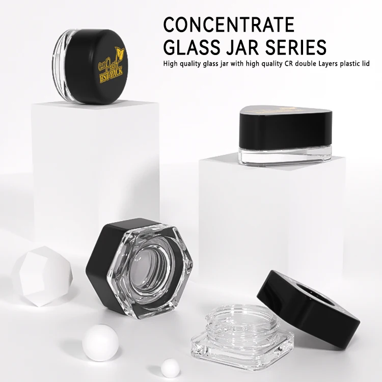 Mini glass jar 3g 5g 7g 9g black uv round metal clear concentrate glass jars Wax rosin jars with Black lid