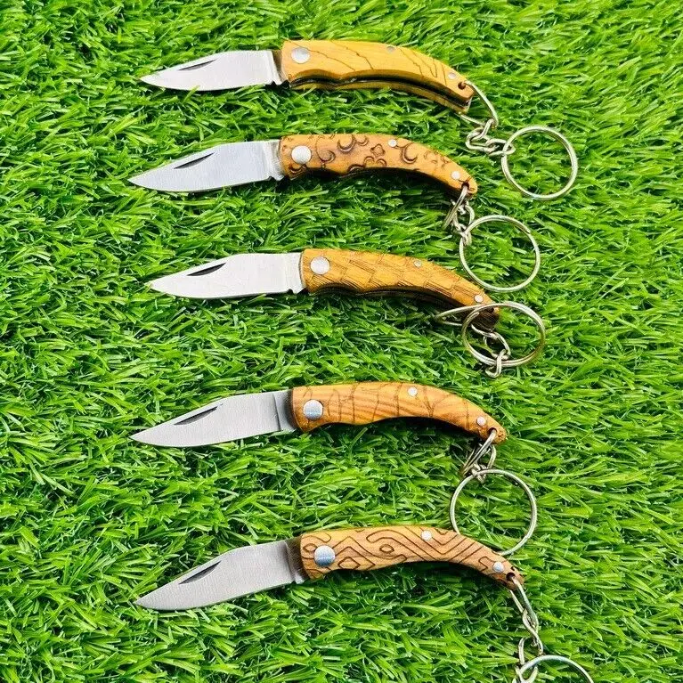 Custom Hand Made Stainless Steel Keychain Folding knives Wood Handle 5Pieces Set Keychain Set