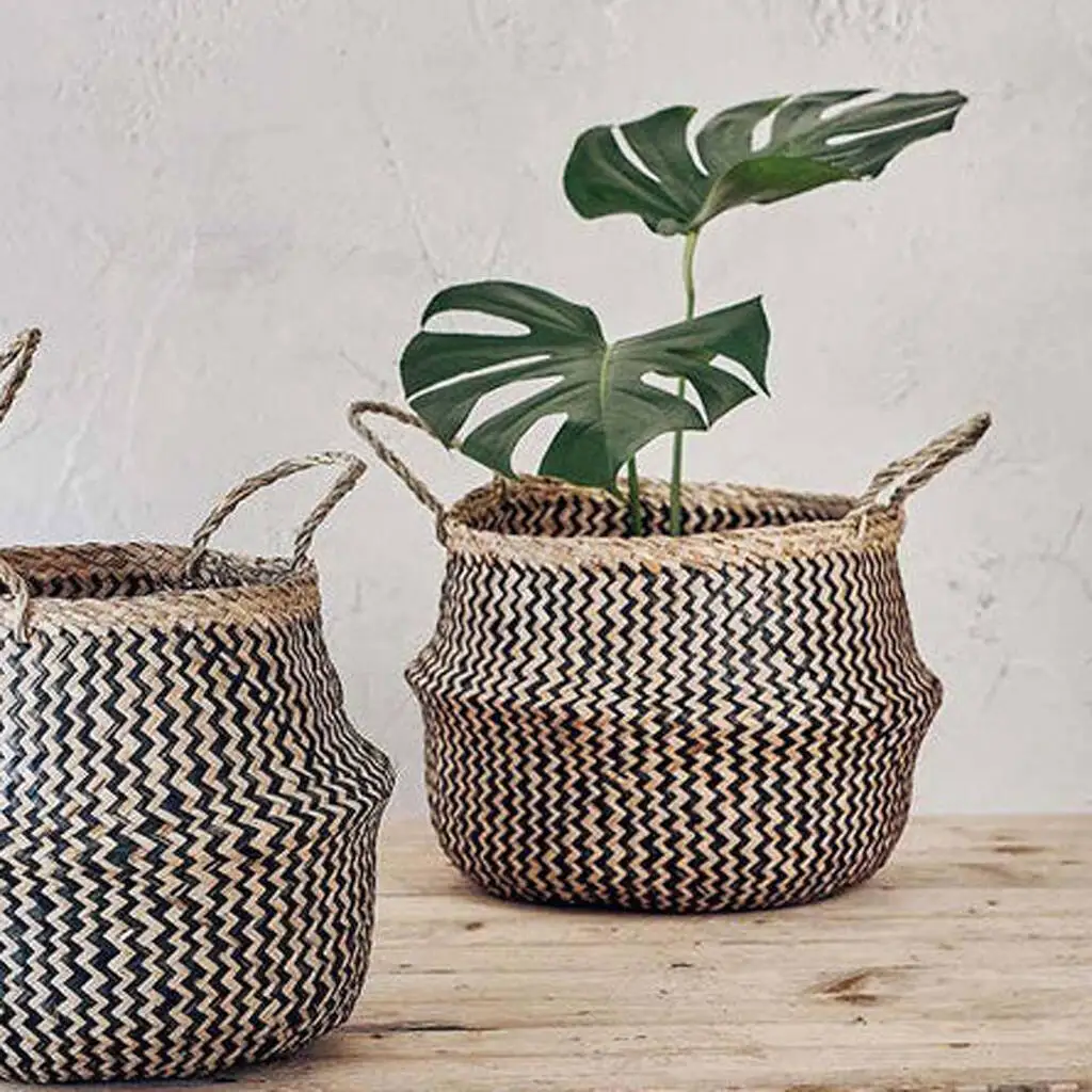 Ecofriendly hand woven seagrass storage baskets black zigzag belly foldable basket made in Vietnam