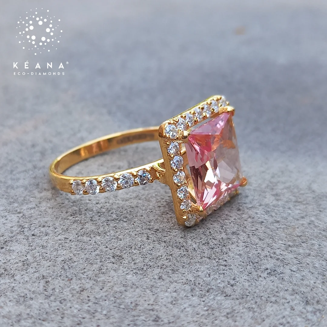 Square Ring With Princess Cut Lab Grown Peach Sapphire and Lab Grown Diamonds 14k Gold Certified Luxury Fine Jewelry