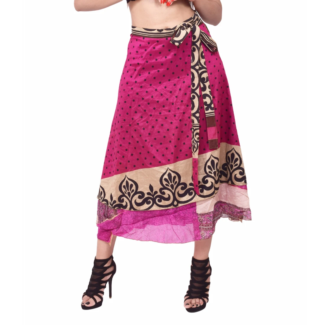 Wholesale Bulk of Indian Vintage Old Silk Sari Floral Print Wrap Around Dress Skirts Plus Size Casual & Sexy Style Adults Summer