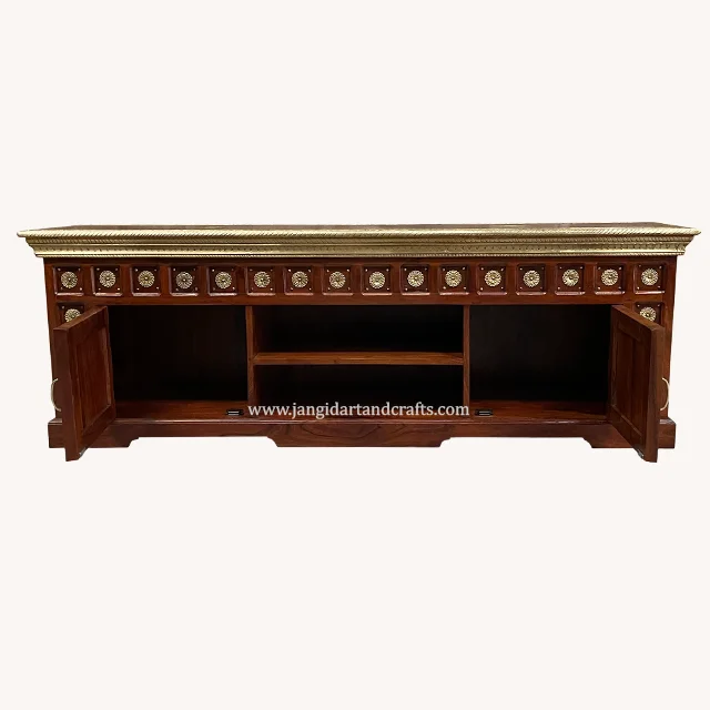 Farmhouse Vintage Wooden Console Cabinet Brass Inlay Metal Wood Decoration Modern TV Unit Cabinet Living Room TV Stand Furniture
