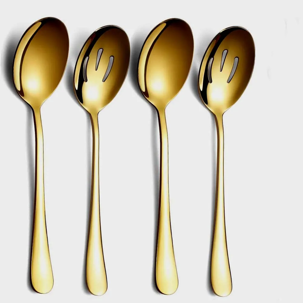High Quality Unique Robust Elegant Stainless steel Gold plated Serving Fork Embossed Leaf end Handle Salad Server Spoon