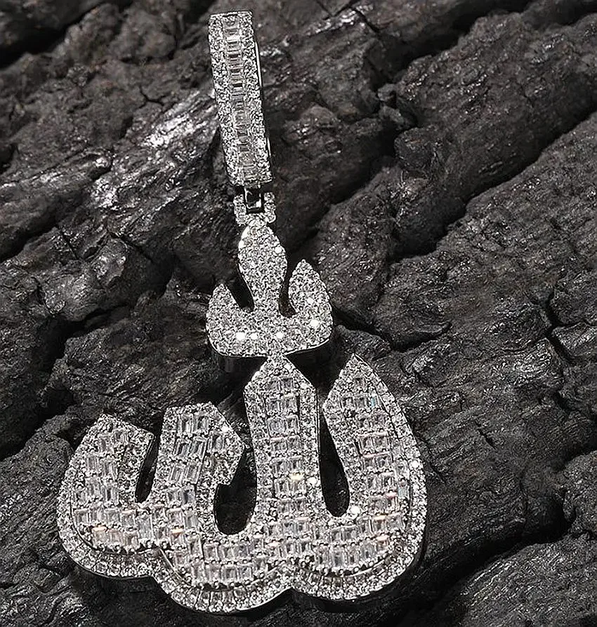 Dazzling Arabic symbol pendant Hip hop necklace Moissanite accessories 14k White Gold Plated