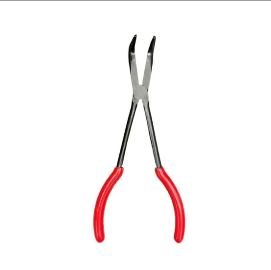 280mm 90-Degree Bent Long Nose Pliers Carbon Steel Split Ring Pliers with Serrated Jaws | Plastic Dipped Handle |