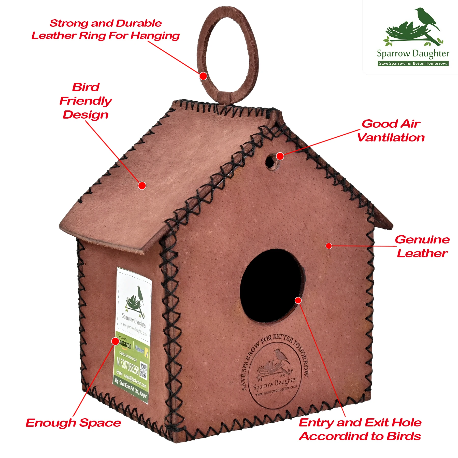 FULLY VENTILATED WEATHERPROOF LEATHER BIRD LIVING HOUSE BIRD NATURAL ACOMODATION SAFE HANGING HOUSE FOR BIRDS