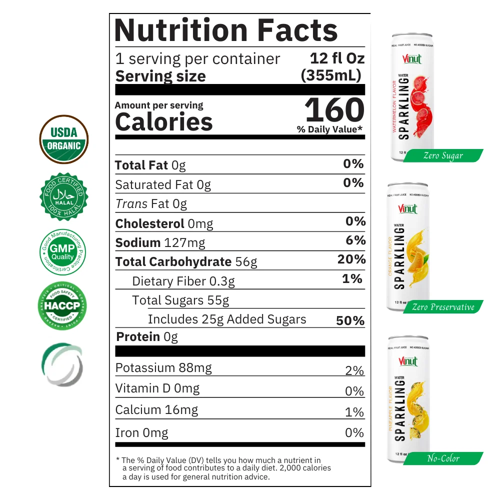 Free Sample 355ml Orange Fruit Juice Sparkling Water Drink Wholesale Soft Drink From Vietnam Private Label OEM