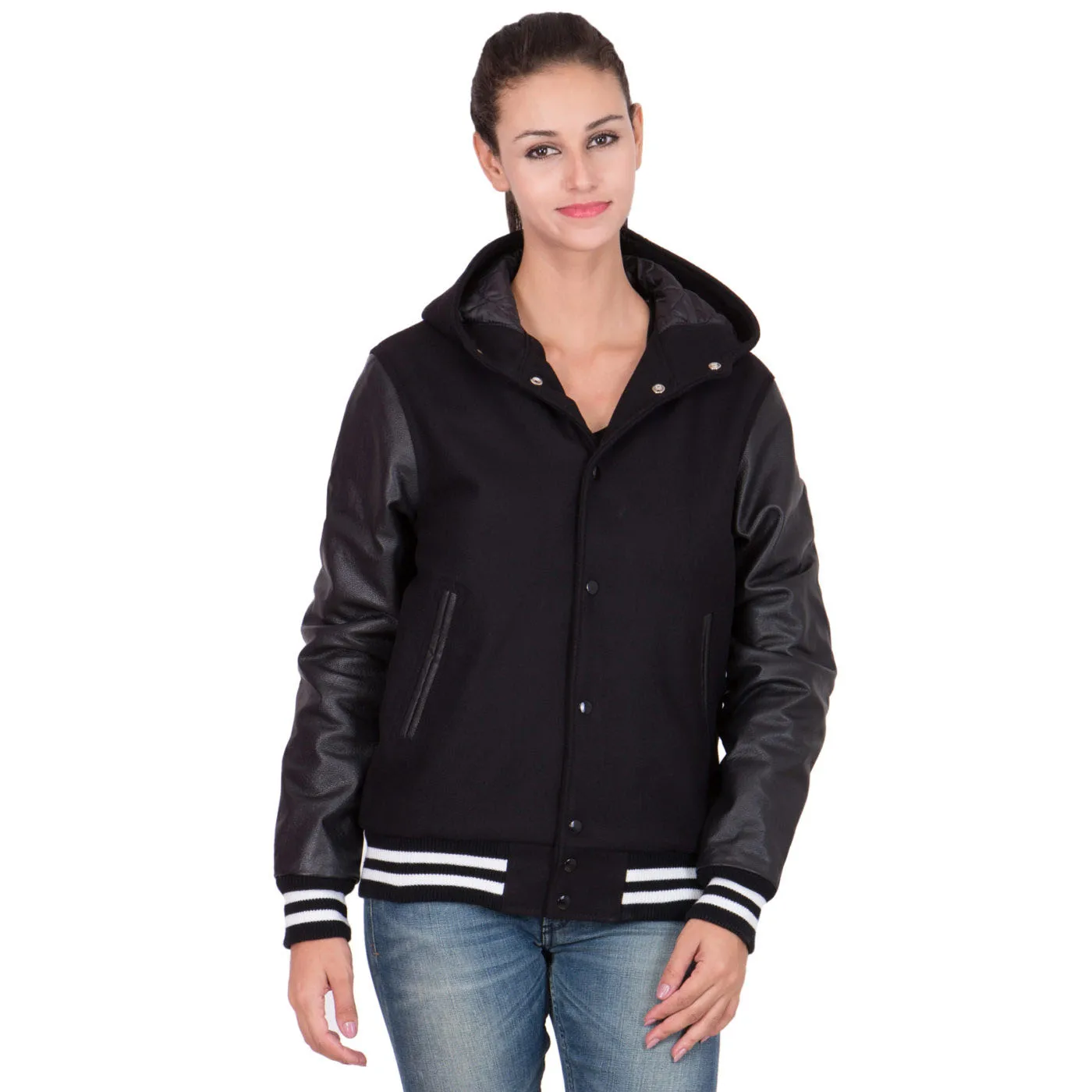 New Leather Sleeves Varsity Jackets For Ladies Hooded Wool Soft College Girl Winter Jackets & Coats