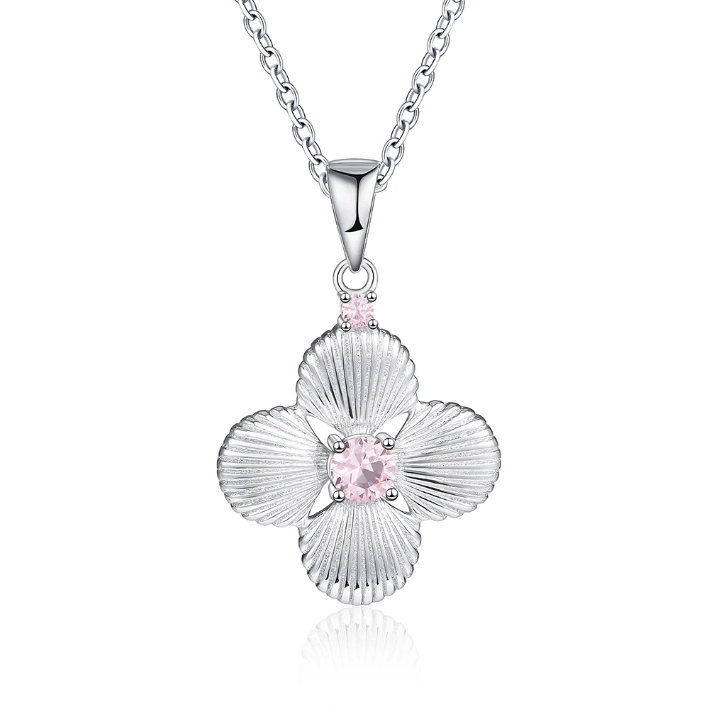 Fashion Jewelry 925 Silver Pink Zircon Four Leaf Clover Shell Pendant Necklace Ocean Collection