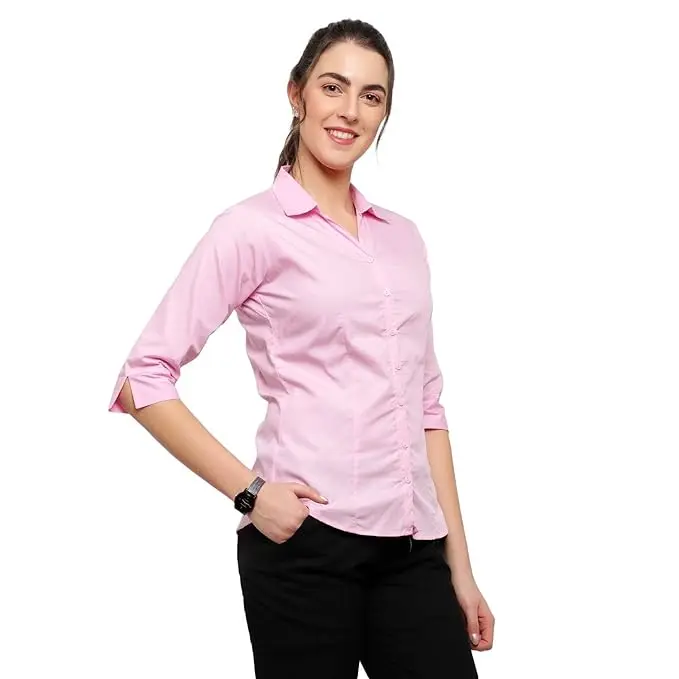 Top Quality Trendy Women Pink Solid Pure Cotton Slim Fit Formal Shirt for Sale in Bulk from Indian Supplier