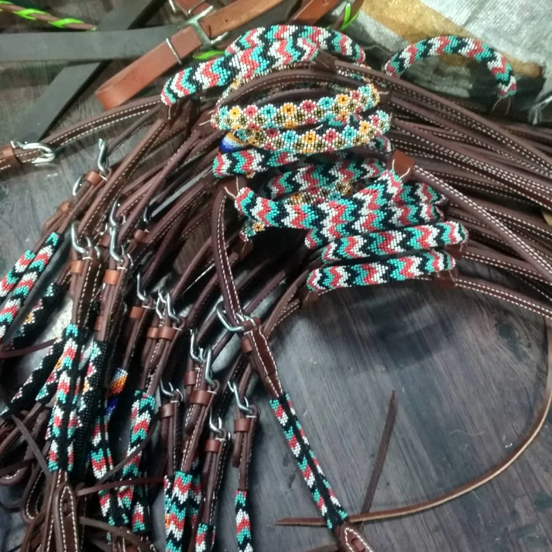 Top Quality100% Genuine Leather Western Beaded One Ear Headstall & Breast Collar Set With Wither Strap Supplier Manufacturer
