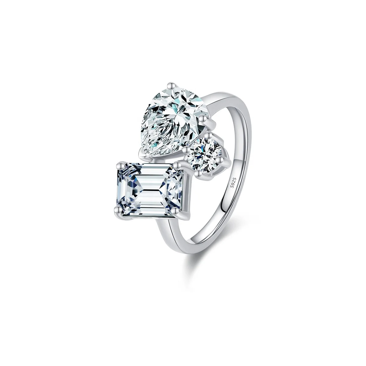 925 Sterling Silver Rhodium Pear Emerald Round Cut Cubic Zirconia Three Stone Wedding Ring