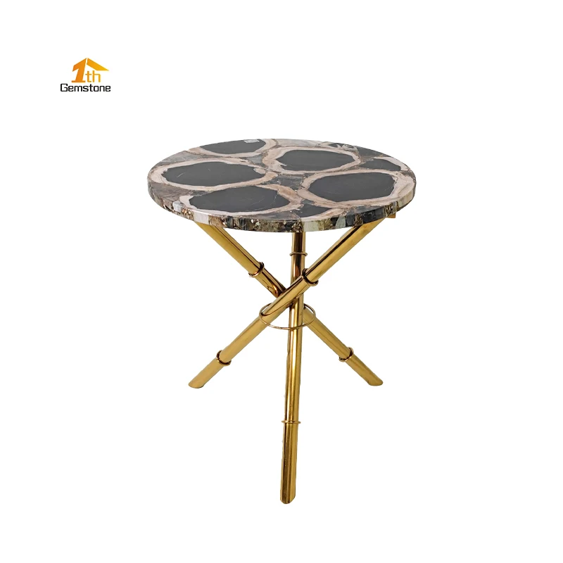 Natural Gemstone End Table Brown Fossil Wood Round Table TopsPetrified Wood Furniture