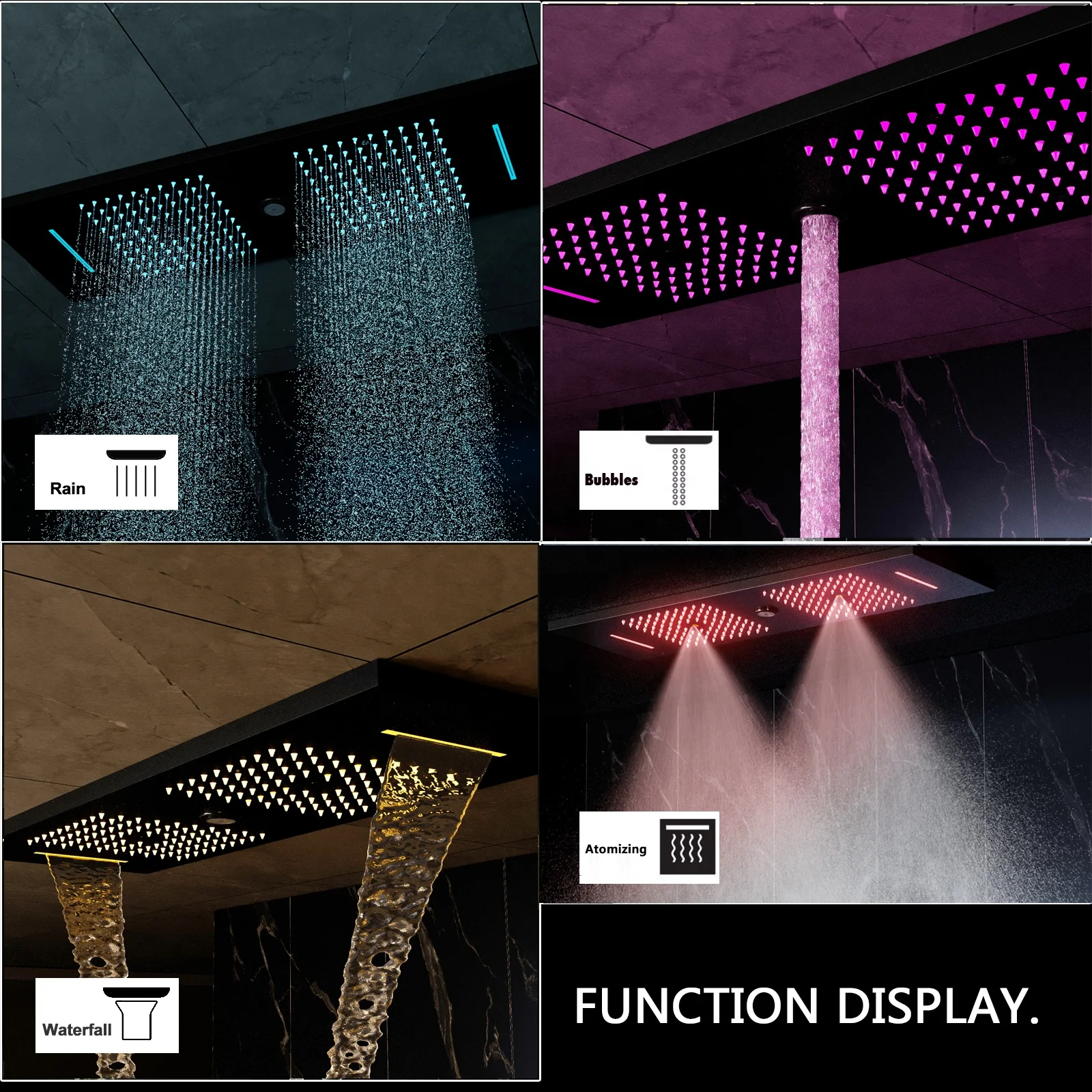 Music LED 36*12 inch Shower Head Bathroom Thermostatic Rain Waterfall Mist Black LED Shower Faucet system