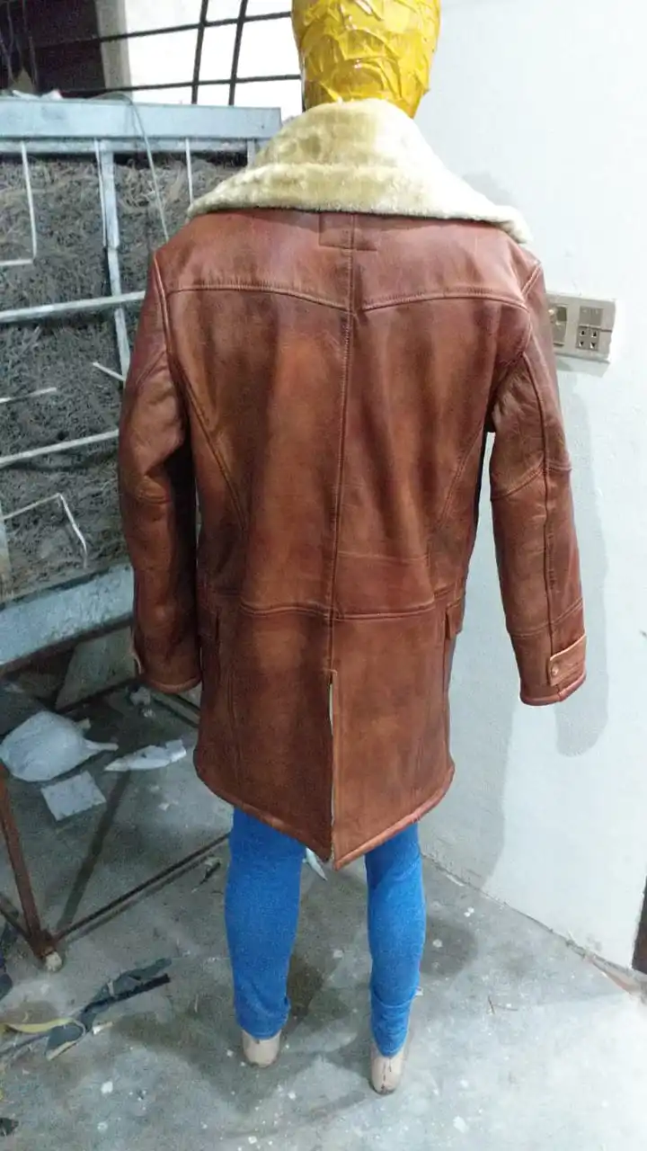 Mens Leather Long Jacket Bane Coat Winter Trench Coat Genuine Lambskin Wool Fur shearling long leather coat