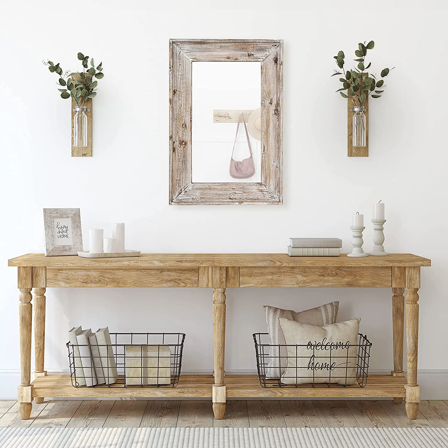 Настенное декоративное зеркало в деревенском стиле прямоугольное подвесное с деревянной рамкой для загородного дома ванной комнаты прихожей декор спальни