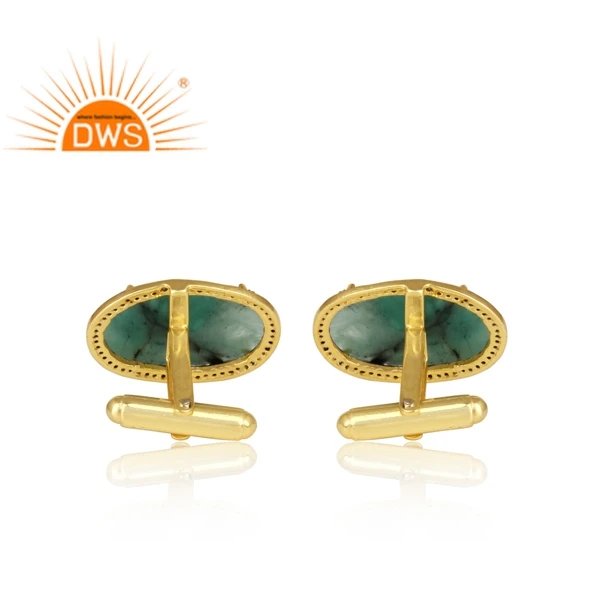Hot Selling Sterling Silver Natural Diamond And Emerald Gemstone Cuff Link Custom Jewelry Manufacturer