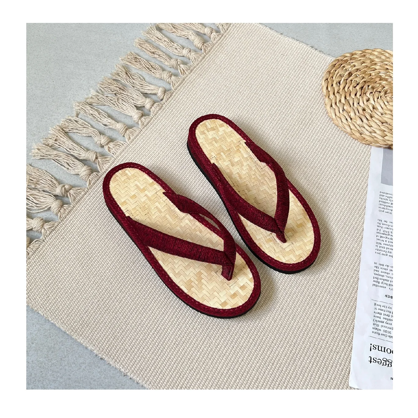 Cushioned Seagrass Water Hyacinth Canvas Genuine Leather Slippers All Platform Wood Fur Plush Natural Color Summer Use Home