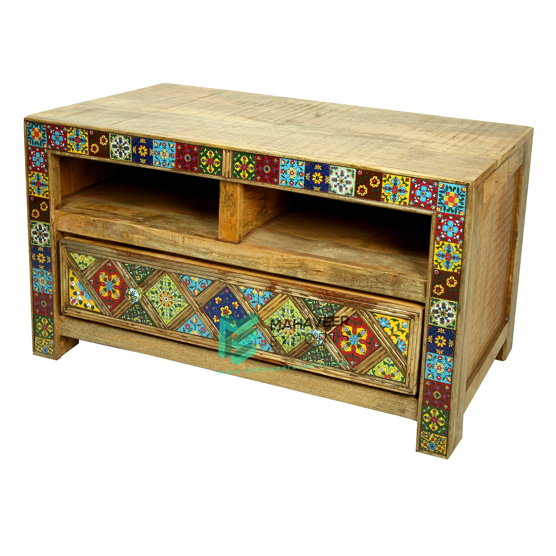 Wooden Ceramic Tiles Fitted One Drawer Plasma TV Stand In Natura Wood Finish For Living Room / Bedroom Modern Designed Furniture