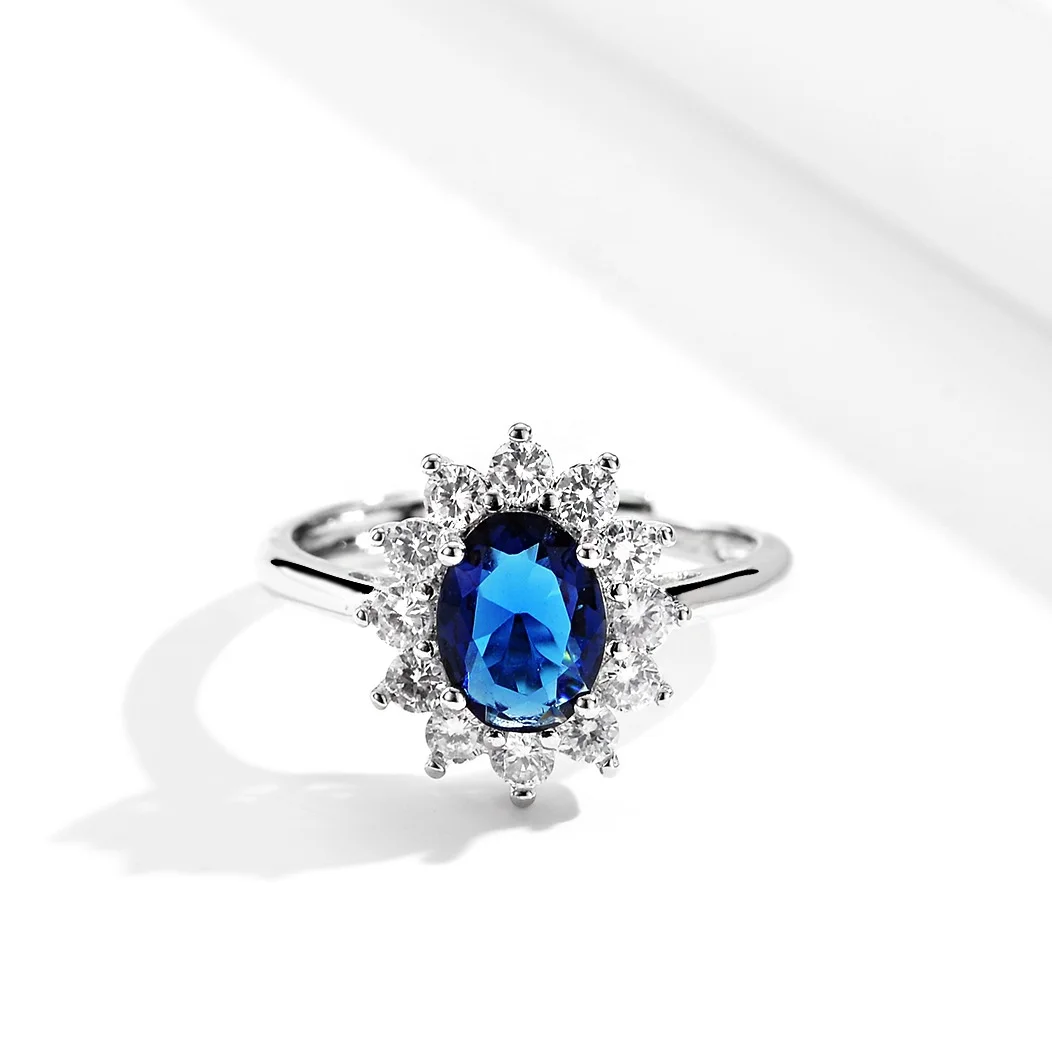 Dina 2022 New Elegant Women Blue Stone Diamond Drop Rings Flower Adjustable Rings Direct Factory Jewelry