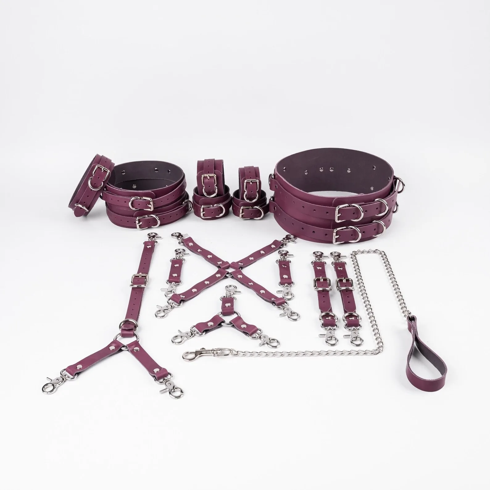 16 Piece BDSM Restraint Set Different Color And Hardware Options Waist Belt And Thigh Cuffs Real Cowhide Leather BDSM-0001