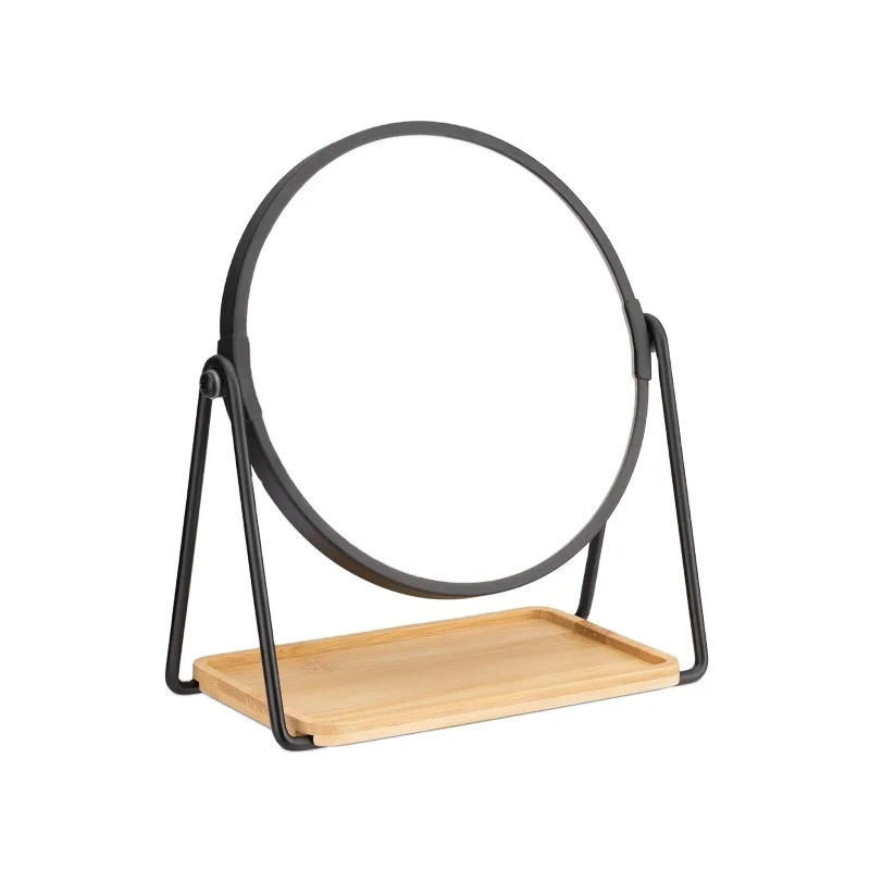 Vanity Mirror with Tray - Double-Sided Table Top Makeup Mirror with Magnification and Bamboo Base - for Bathroom, Bedroom, Desk
