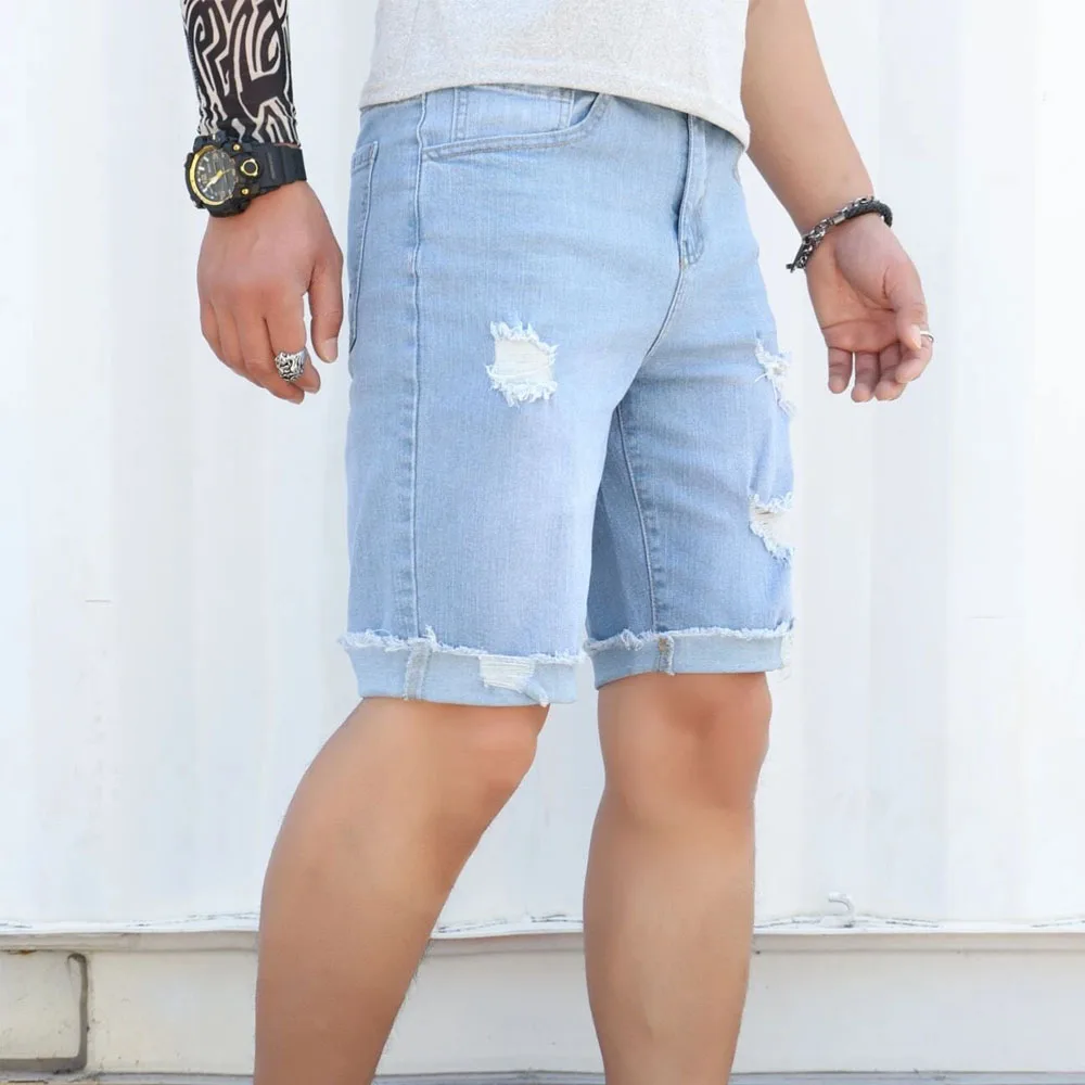 2022 High Quality Men Denim Shorts  / Custom Logo Men Denim Shorts / Men Ripped Frayed Raw Trim Bleach Wash Denim Shorts