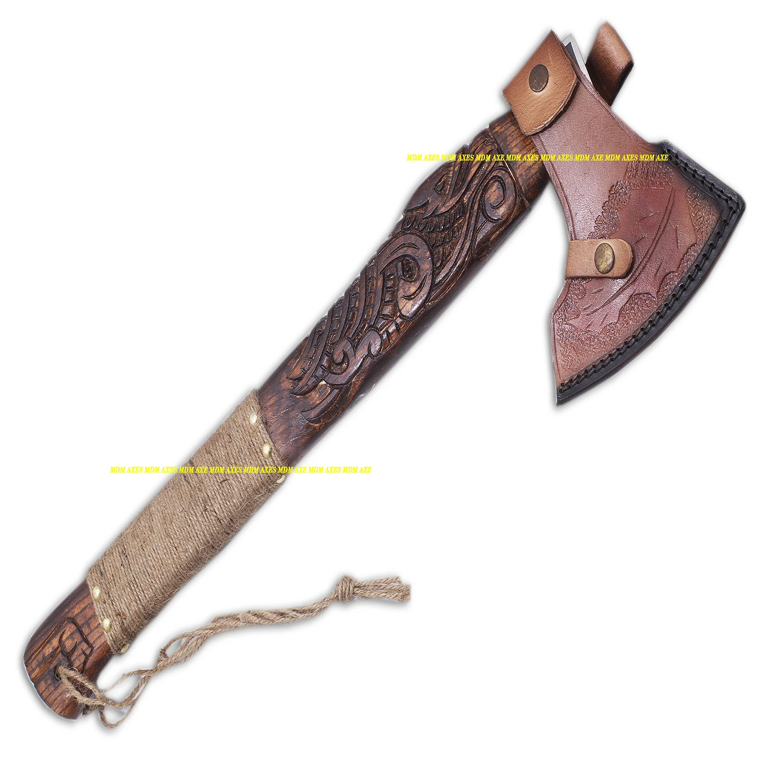 HANDMADE 5160 STEEL CUSTOM HANDMADE VIKING RAVEN AXE WITH AMAZING ENGRAVED AND ROPE HANDLE WITH BEAUTIFUL LEATHER SHEATH