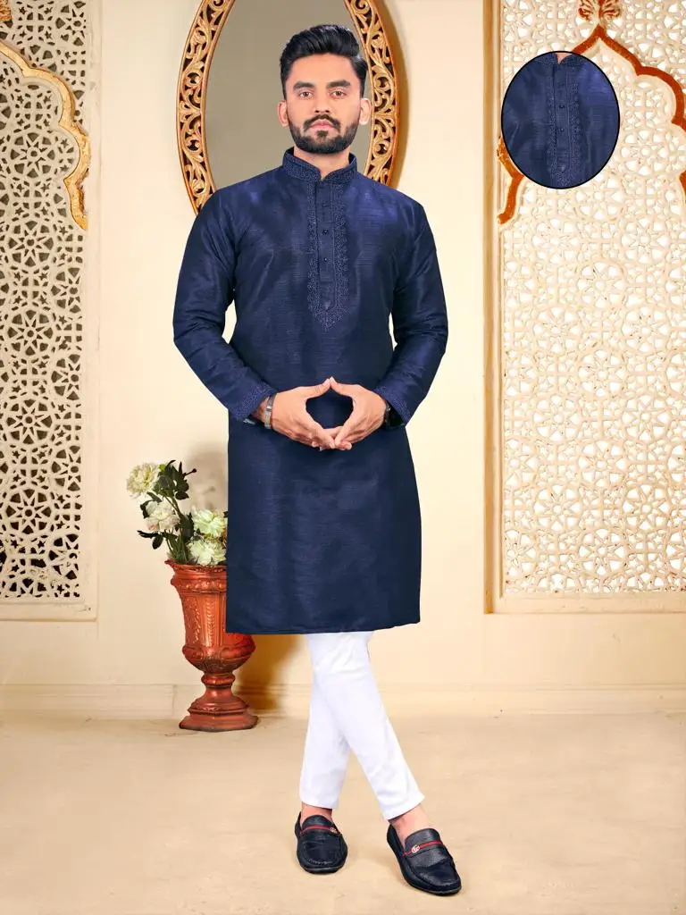 Designer Latest Kurta Round Neck Collar Embroidery work Mens Kurta Pajama Set Wholesale Cheap Rate Surat