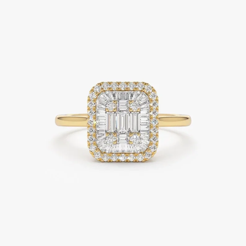 Высокое качество багет бриллиантовое кольцо 14k 18k цельное Золотое иллюзионное уникальное винтажное обручальное с натуральным бриллиантом