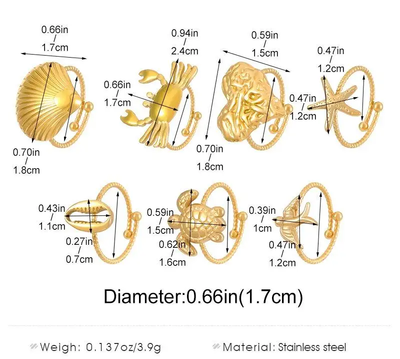 18K Gold Stainless Steel Marine Life Ocean Style Open Rings Personality Crab Turtle Seashell Starfish Adjustable Rings for Women