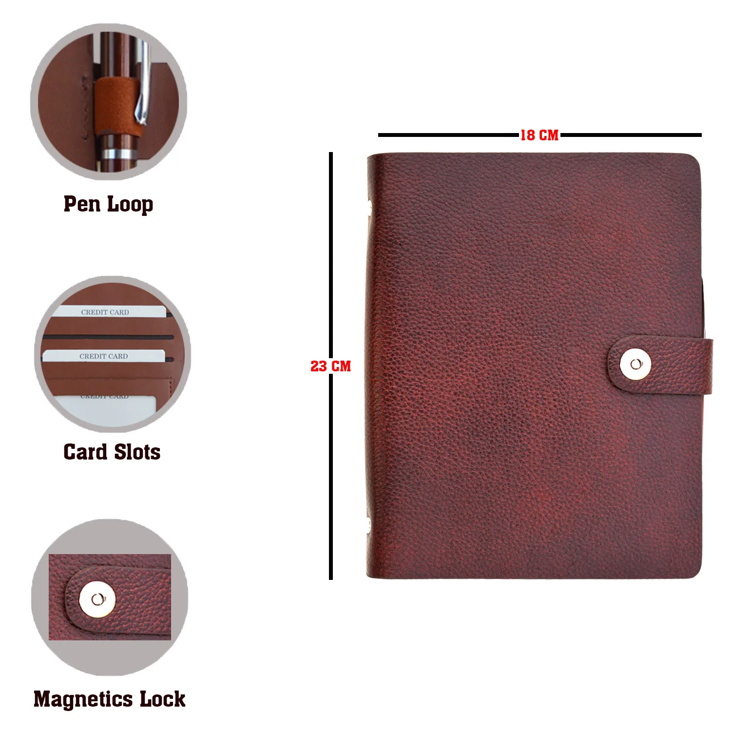 Classic A5 Paper Size Hard Cover Journal Pu Leather Cover Button Lock Pen Loop College Ruled Notebook Writing Travel Office Use