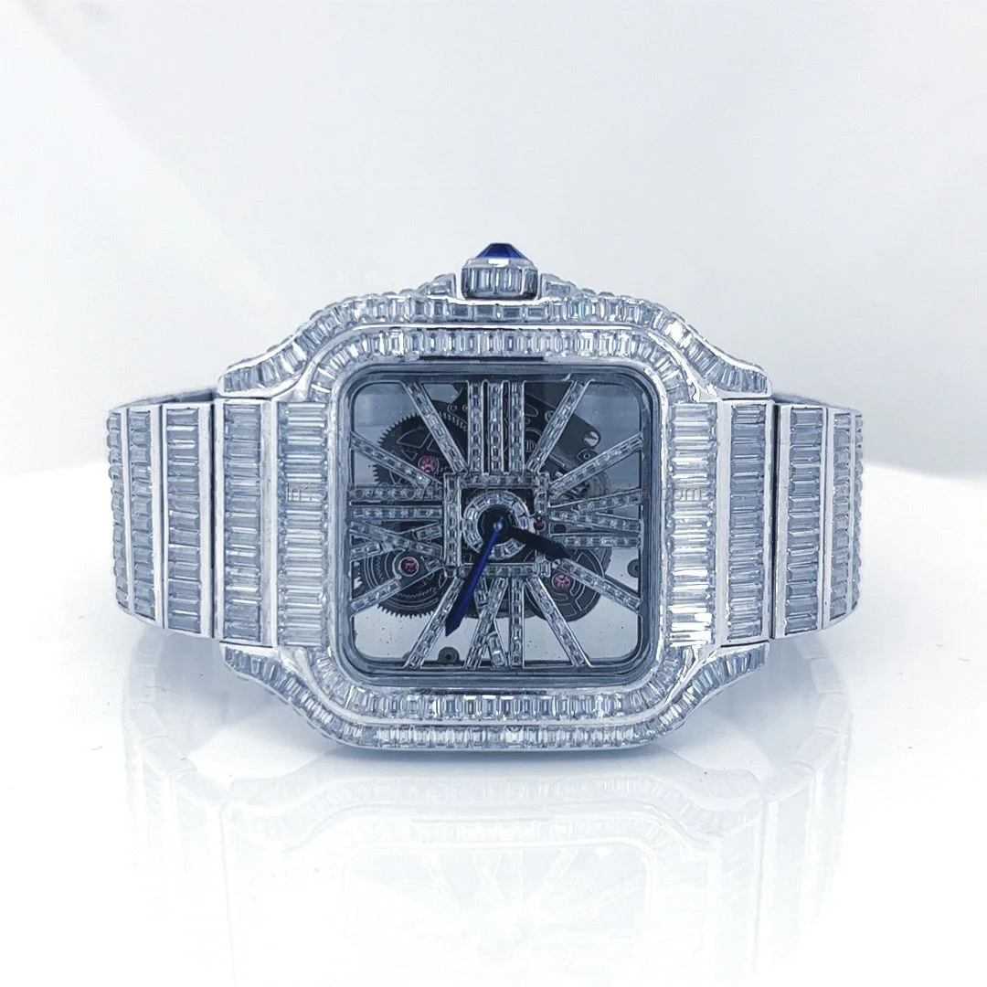 Trending Baguette transparent Automatic mechanical diamond Watch with VVS Clarity Moissanite Diamond SS Humanskeleton like dial