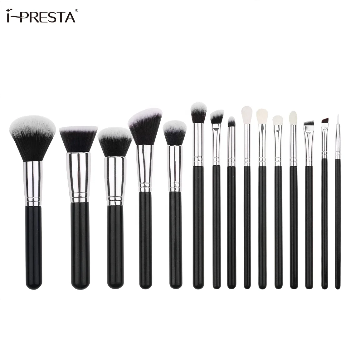 IPRESTA high quality 15pcs makeup brush set with luxury shiny black handle foundation highlight eyeshadow eyebrow brush