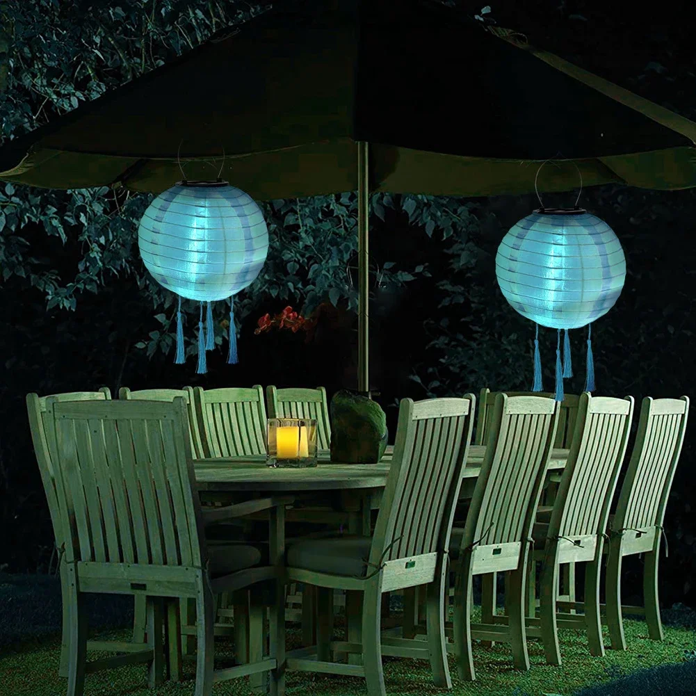 Round Paper Lantern Waterproof Solar Chinese Lantern Nylon Hanging Lamp Outdoor Festival Wedding Birthday Party Decorations