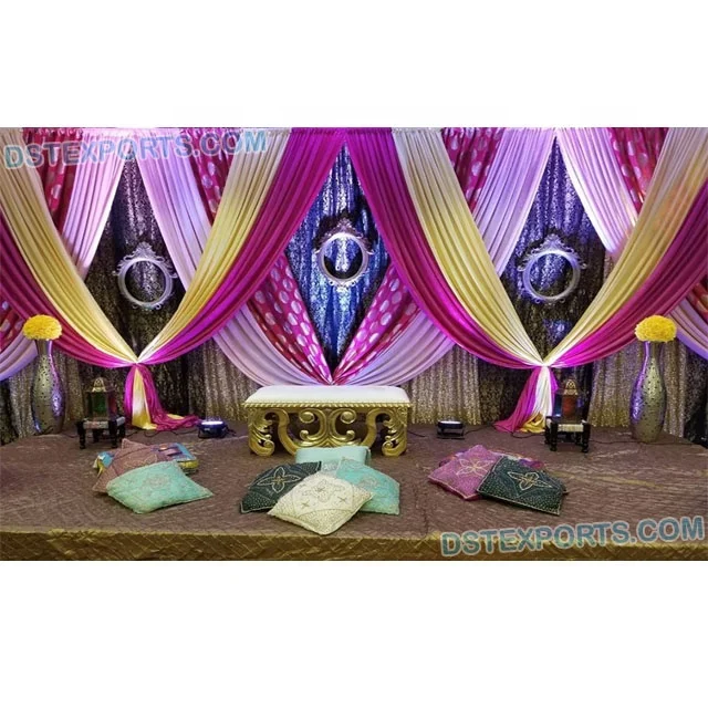 Colorful Zari Work Backdrops For Mehndi Event Punjabi Wedding Mehndi Night Function Backdrops Pakistani Wedding Stage Drapes