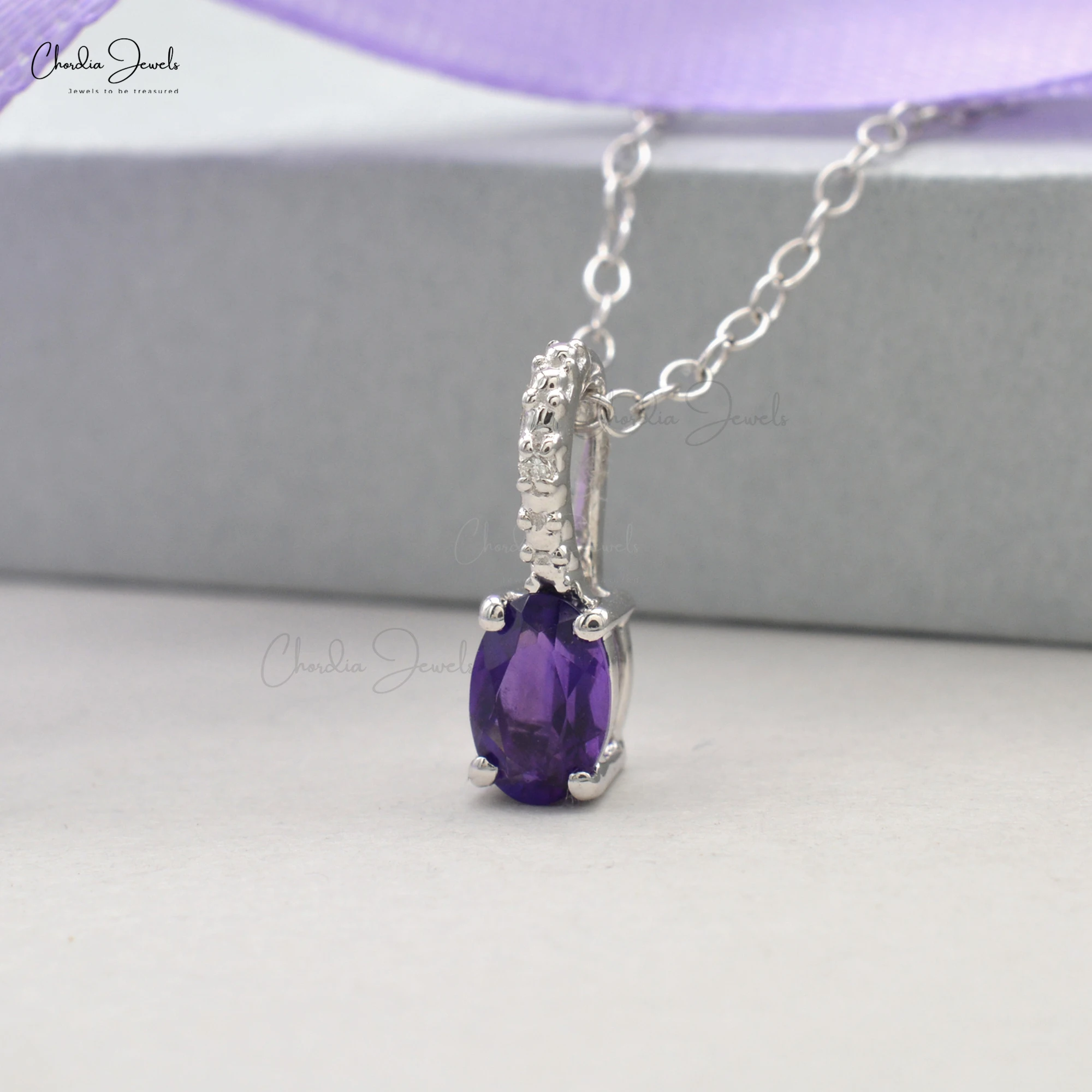 Trendy 14K Solid White Gold Pendant Necklace Natural Purple Amethyst White Diamond Hidden Bail Design Fine Jewelry Pearl Charm