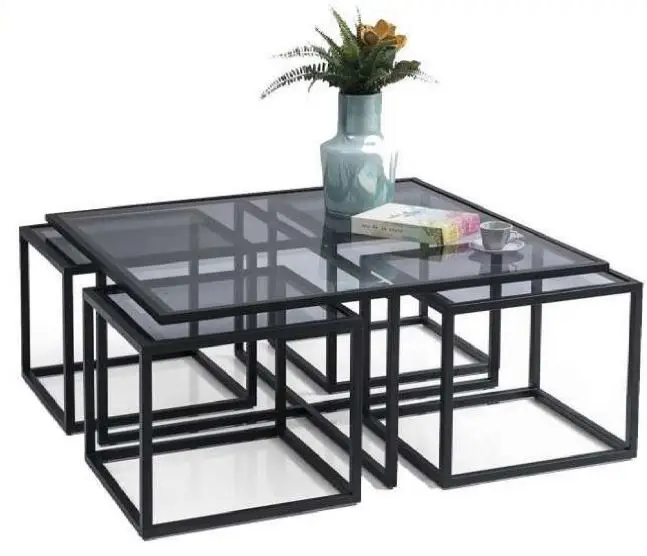 European Centre Coffee Table Mirror With Metal Legs/Glass Top Table With 4 Service Tables 100x100x44 Cm  0,45 M3/26  Kg