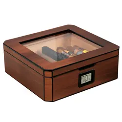 Walnut  Desktop Humidor Holds 20-30 Cigars Glass Top with Magnetic Seal Octagon shape Spanish Cedar Includes Humidor